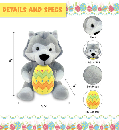 DolliBu Super Soft Cute Gray Wolf with Yellow Easter Egg Plush Toy - 6 Inches