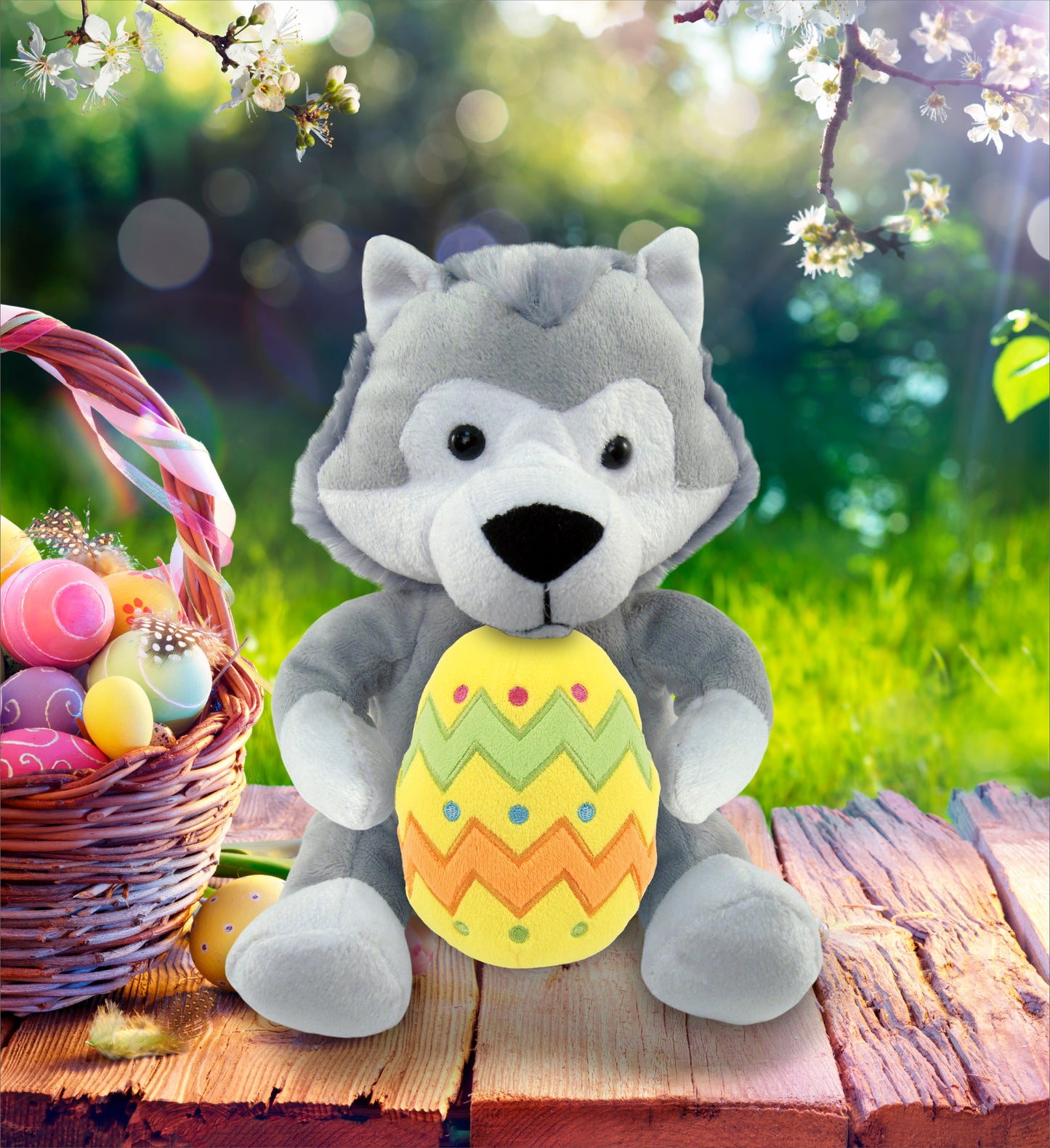 DolliBu Super Soft Cute Gray Wolf with Yellow Easter Egg Plush Toy - 6 Inches