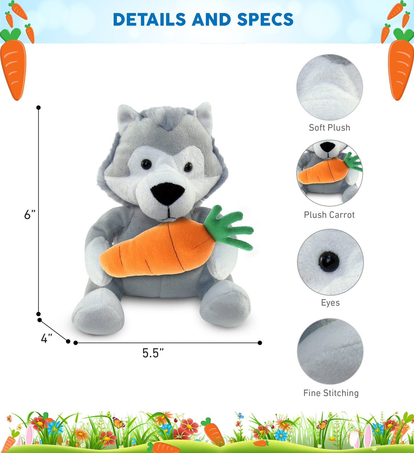 DolliBu Happy Easter Super Soft Plush Wolf with Carrot Plush Toy - 6 Inches