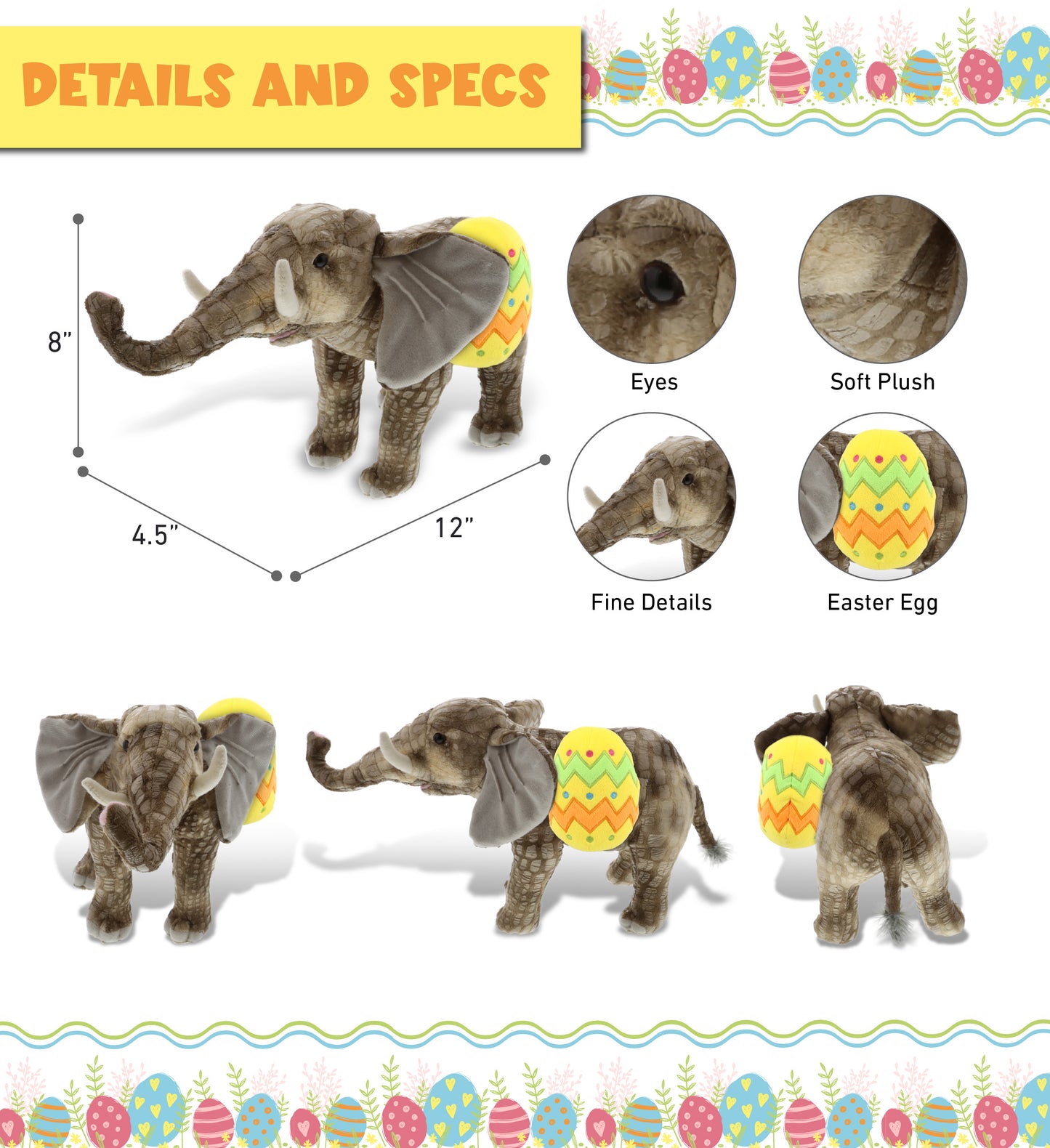 DolliBu Wild Collection Elephant with Yellow Easter Egg Plush Toy - 12 Inches