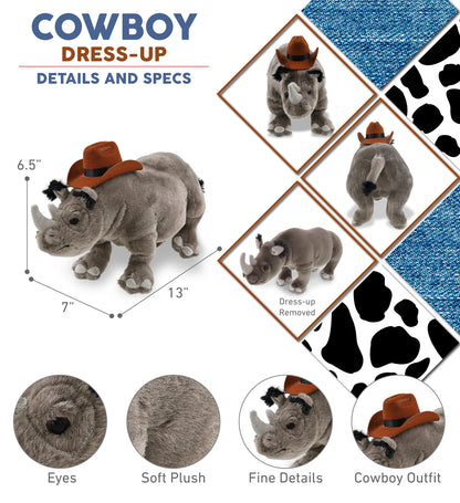 WILD COLLECTION PLUSH - 13" RHINO COWBOY DRESS UP