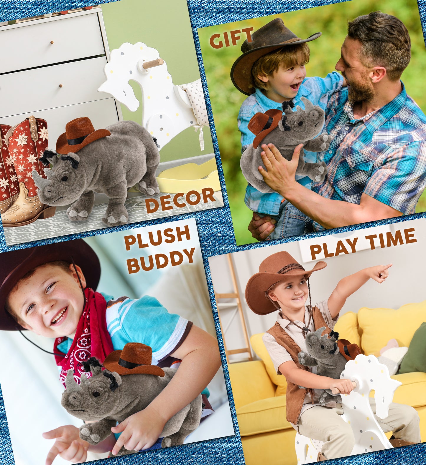 WILD COLLECTION PLUSH - 13" RHINO COWBOY DRESS UP