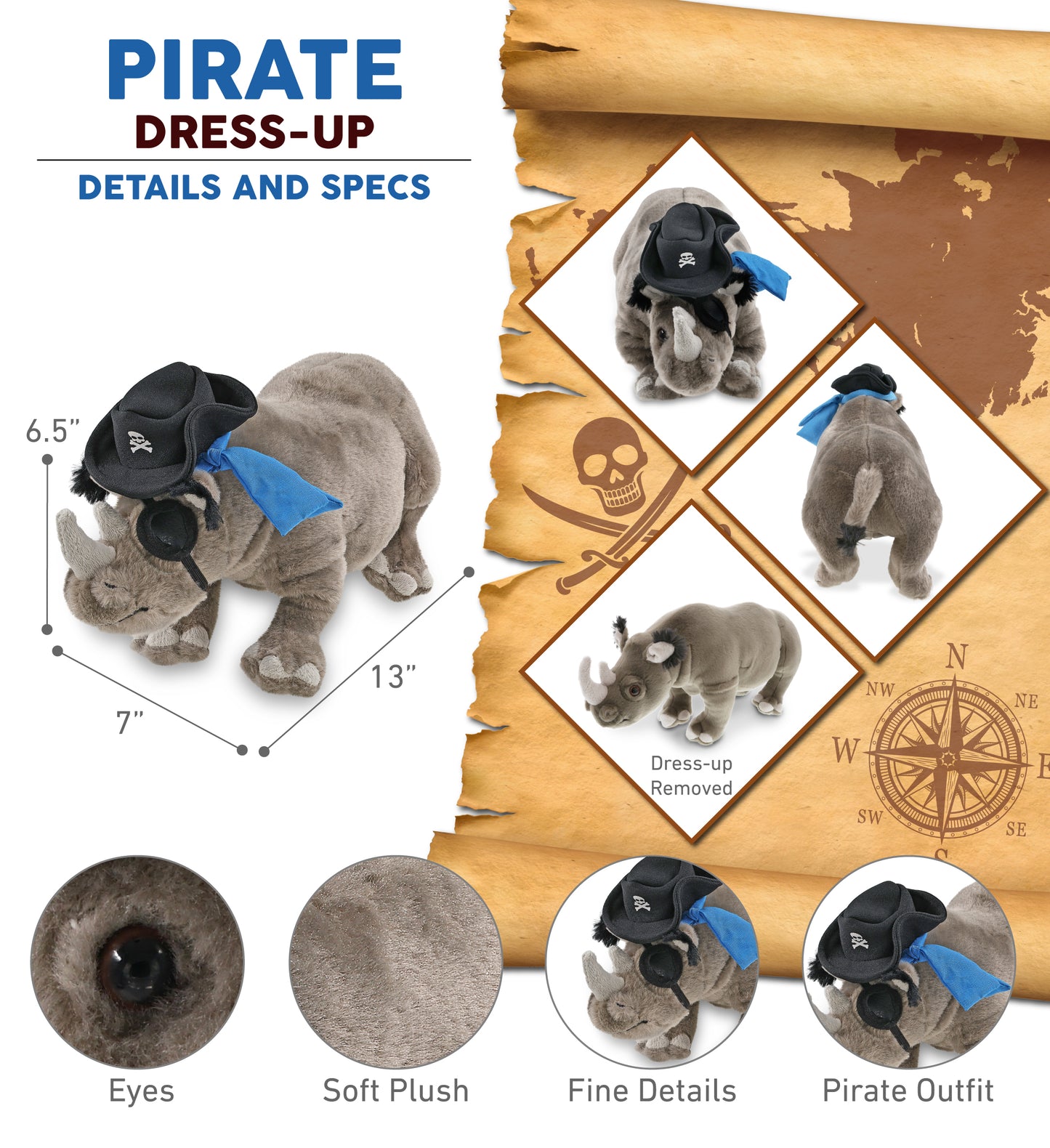 WILD COLLECTION PLUSH - 13" RHINO PIRATE DRESS UP