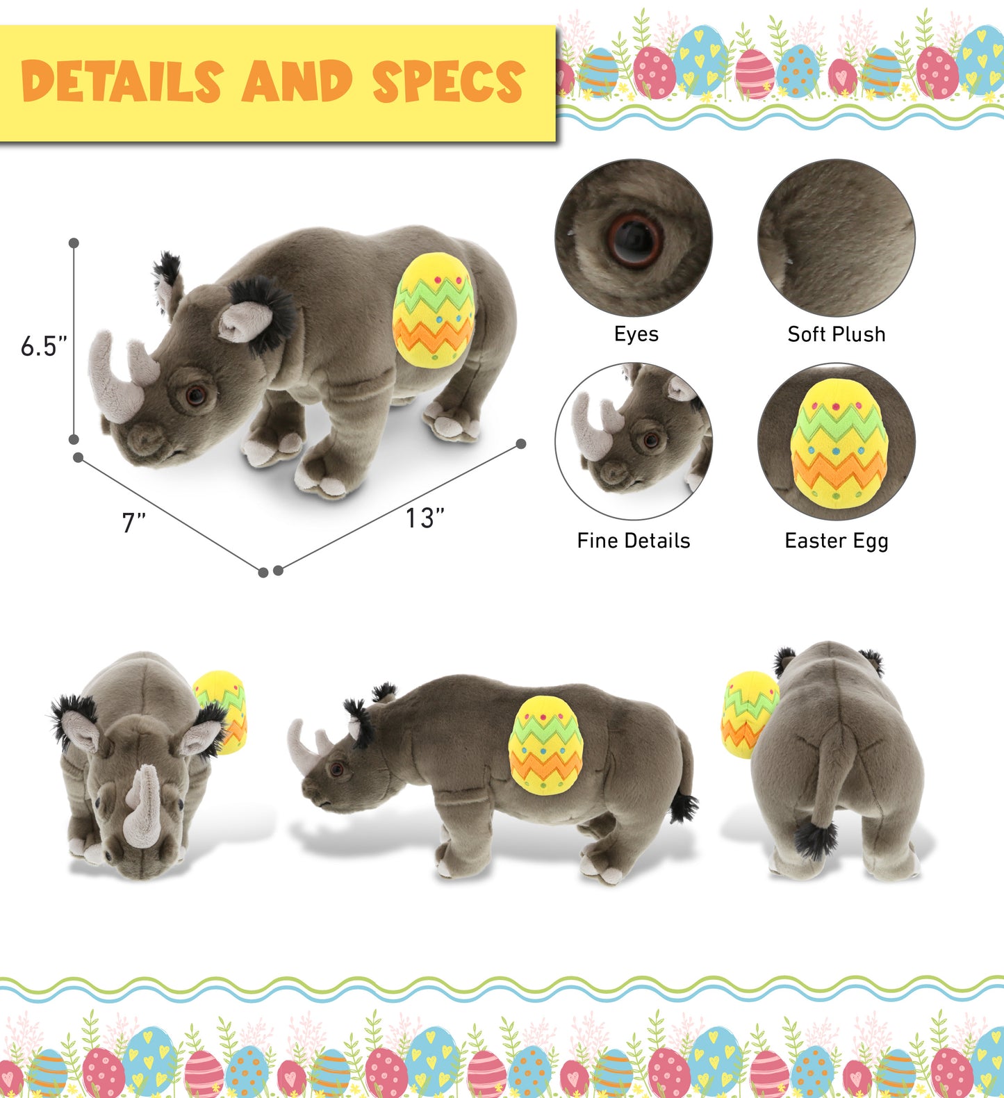 DolliBu Wild Collection Rhino with Yellow Easter Egg Plush Toy - 13 Inches