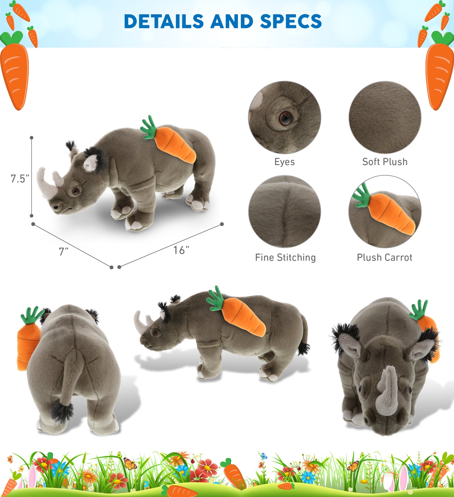 DolliBu Happy Easter Super Soft Plush Rhino with Carrot Plush Toy - 16 Inches