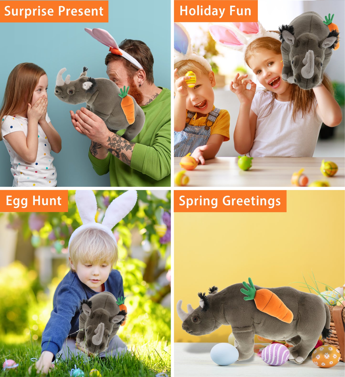 DolliBu Happy Easter Super Soft Plush Rhino with Carrot Plush Toy - 16 Inches
