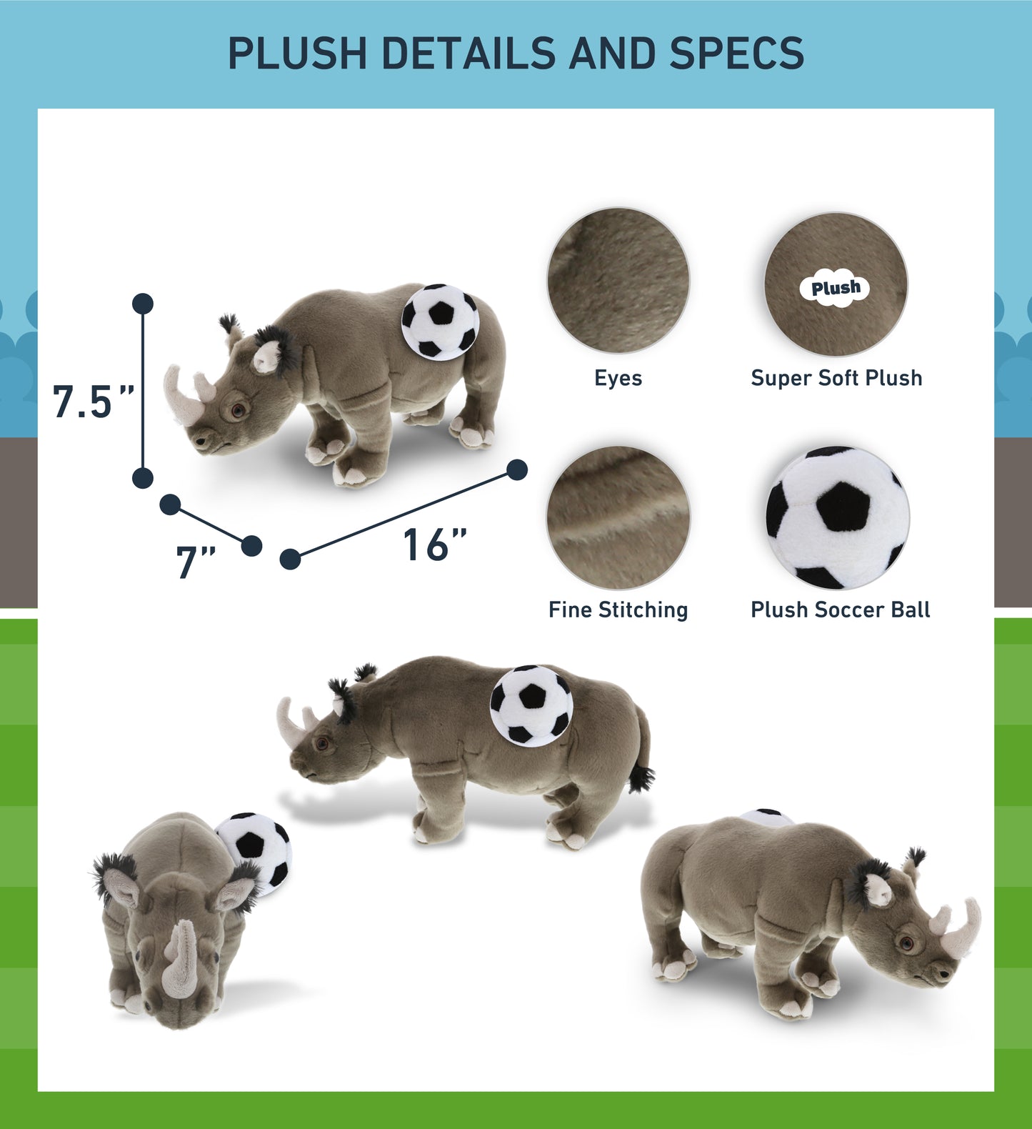 WILD COLLECTION PLUSH - 16" RHINO