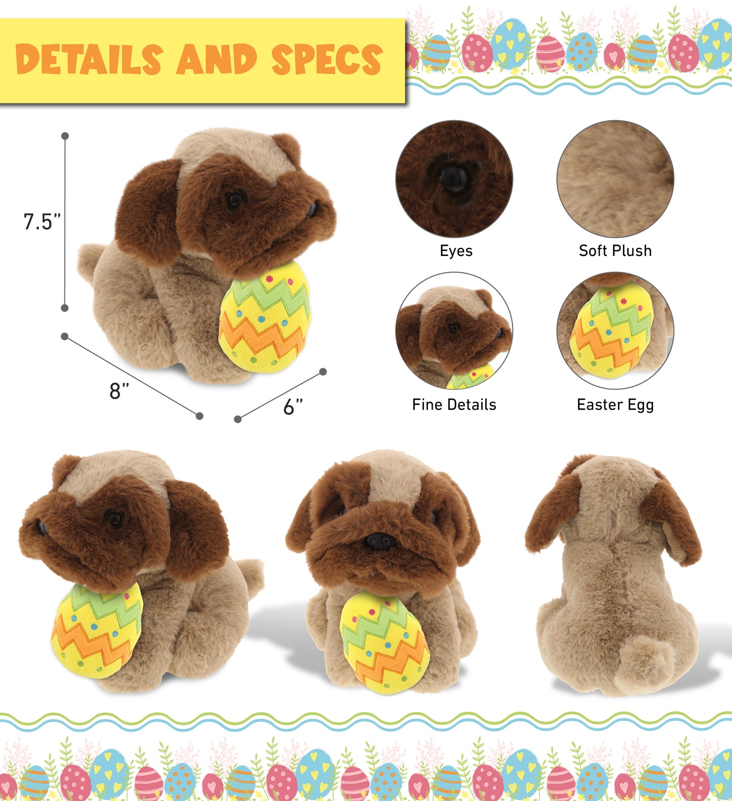 DolliBu Super Soft Brown Pug Dog with Yellow Easter Egg Plush Toy - 8 Inches