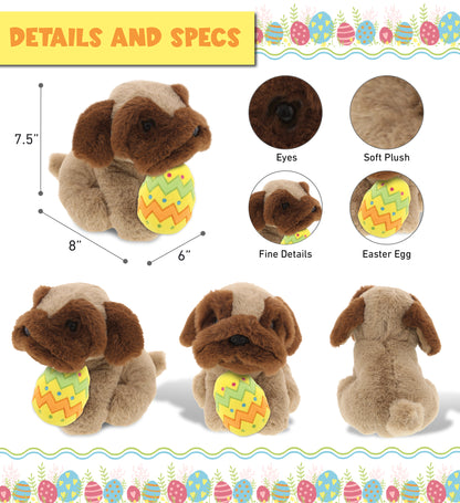 DolliBu Super Soft Brown Pug Dog with Yellow Easter Egg Plush Toy - 8 Inches
