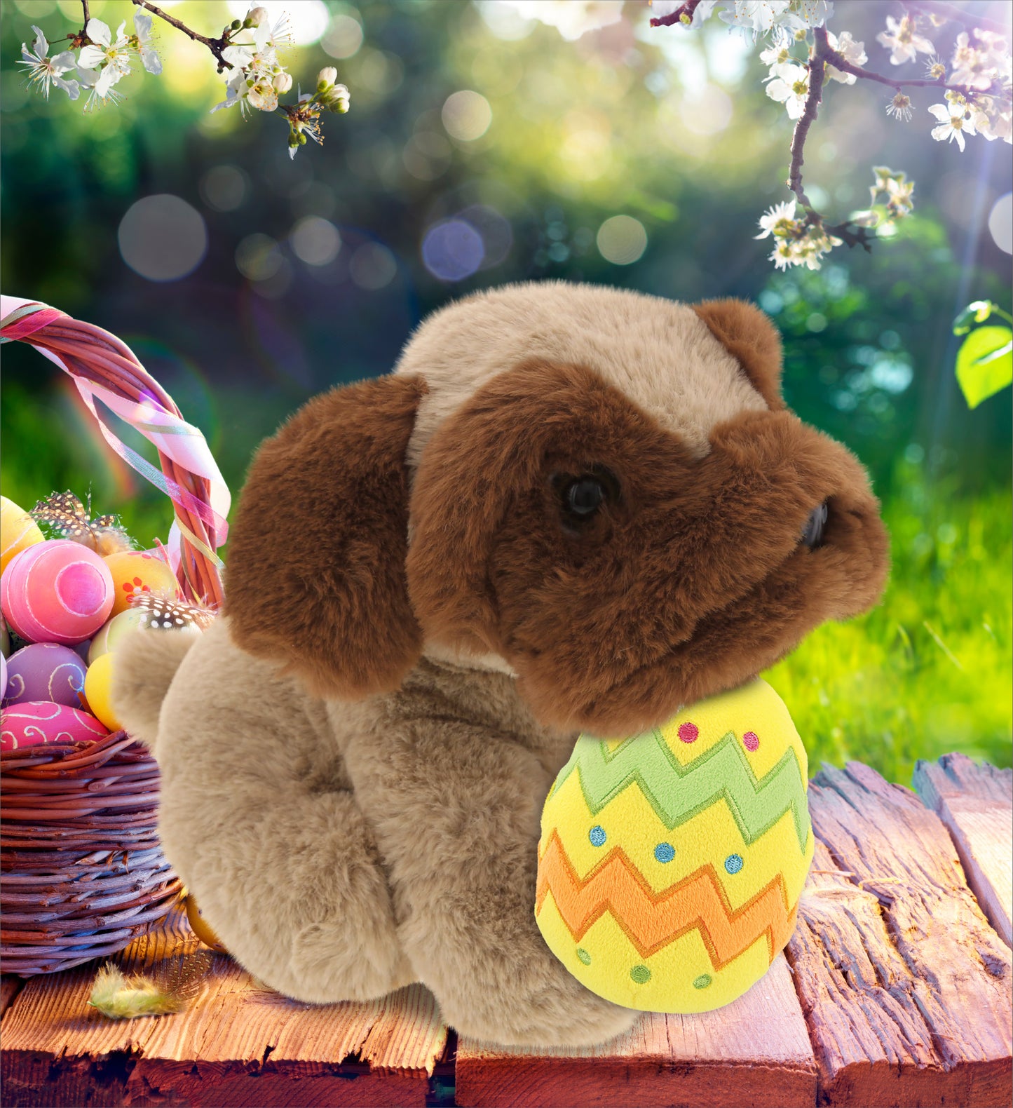 DolliBu Super Soft Brown Pug Dog with Yellow Easter Egg Plush Toy - 8 Inches