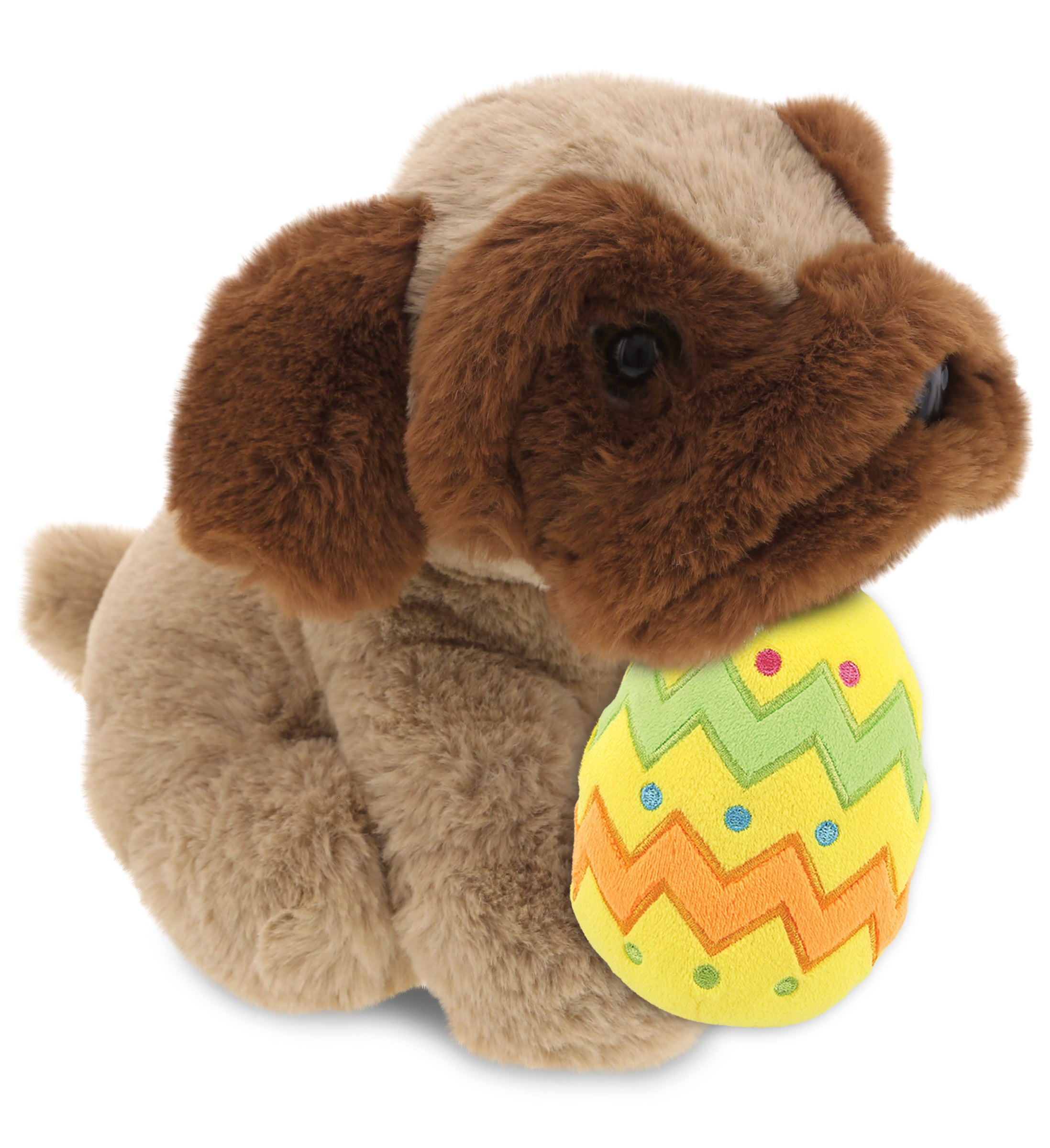 DolliBu Super Soft Brown Pug Dog with Yellow Easter Egg Plush Toy - 8 Inches
