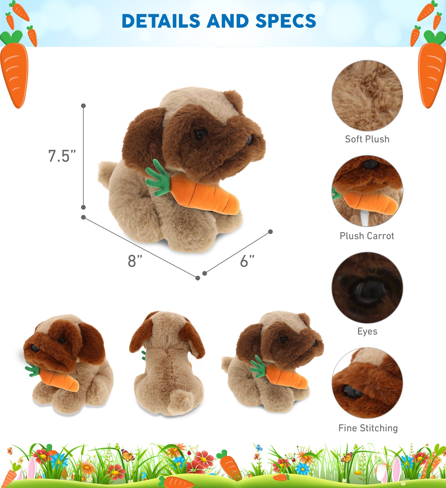 DolliBu Happy Easter Soft Plush Brown Pug Dog with Carrot Plush - 8 Inches