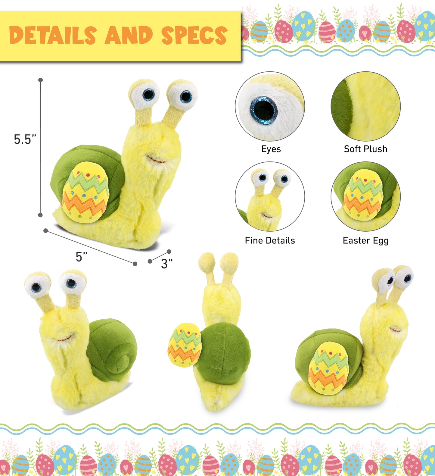 DolliBu Super Soft Small Yellow Snail with Easter Egg Plush Toy - 5.5 Inches