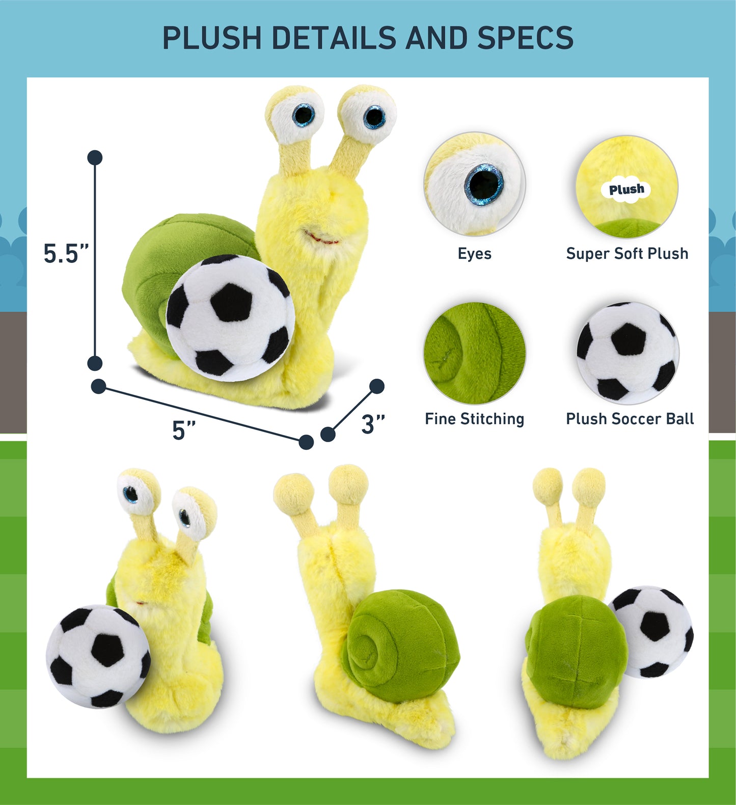SUPER-SOFT PLUSH - YELLOW SNAIL SMALL 5.5" WITH SOCCER PLUSH