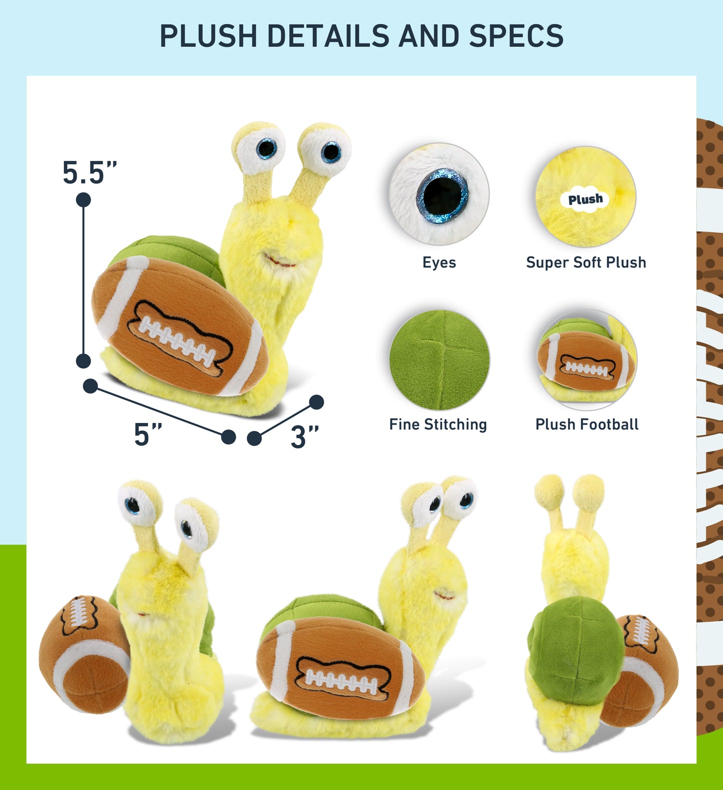 SUPER-SOFT PLUSH - YELLOW SNAIL SMALL 5.5" WITH FOOTBALL PLUSH