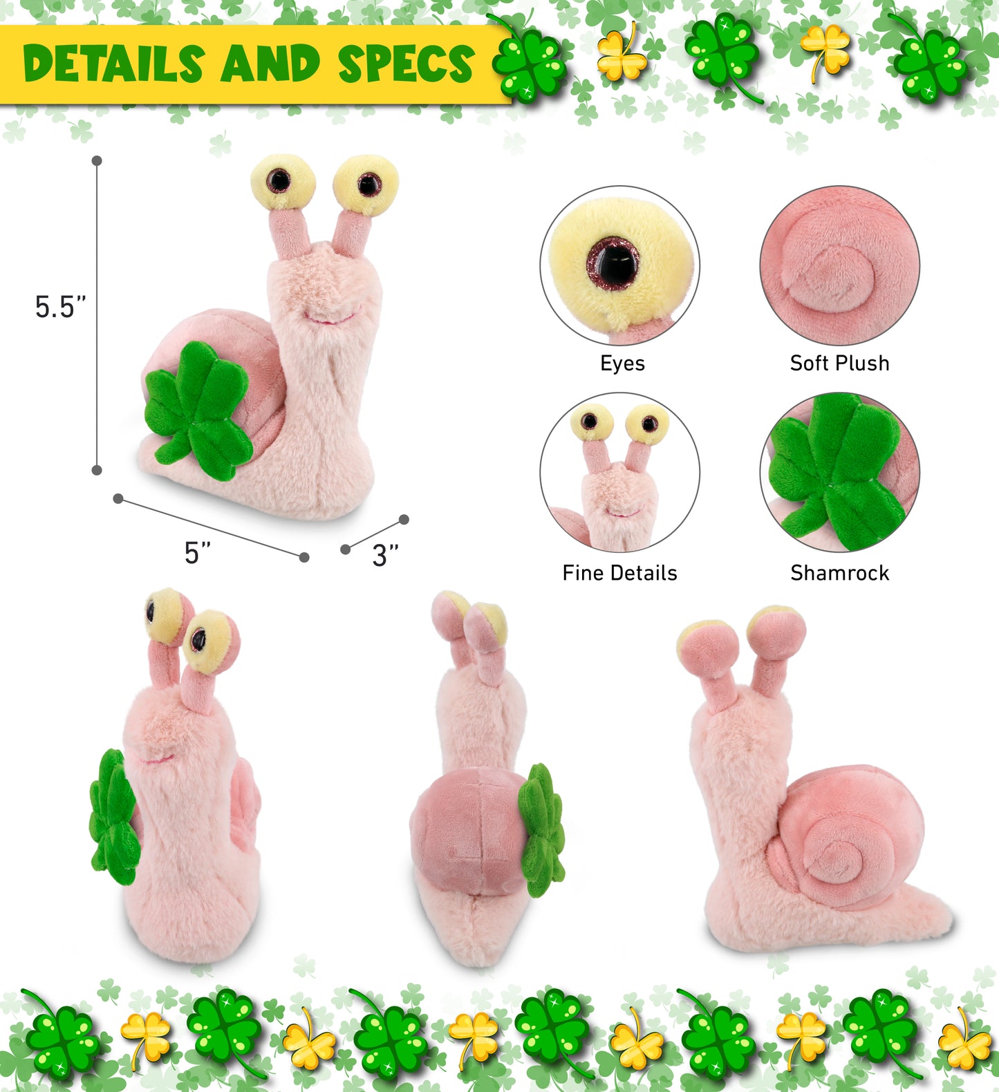 DolliBu Soft Pink Snail Stuffed Animal with Green Plush Shamrock - 5.5 Inches