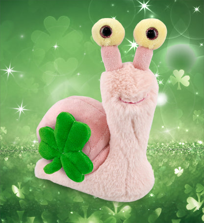 DolliBu Soft Pink Snail Stuffed Animal with Green Plush Shamrock - 5.5 Inches
