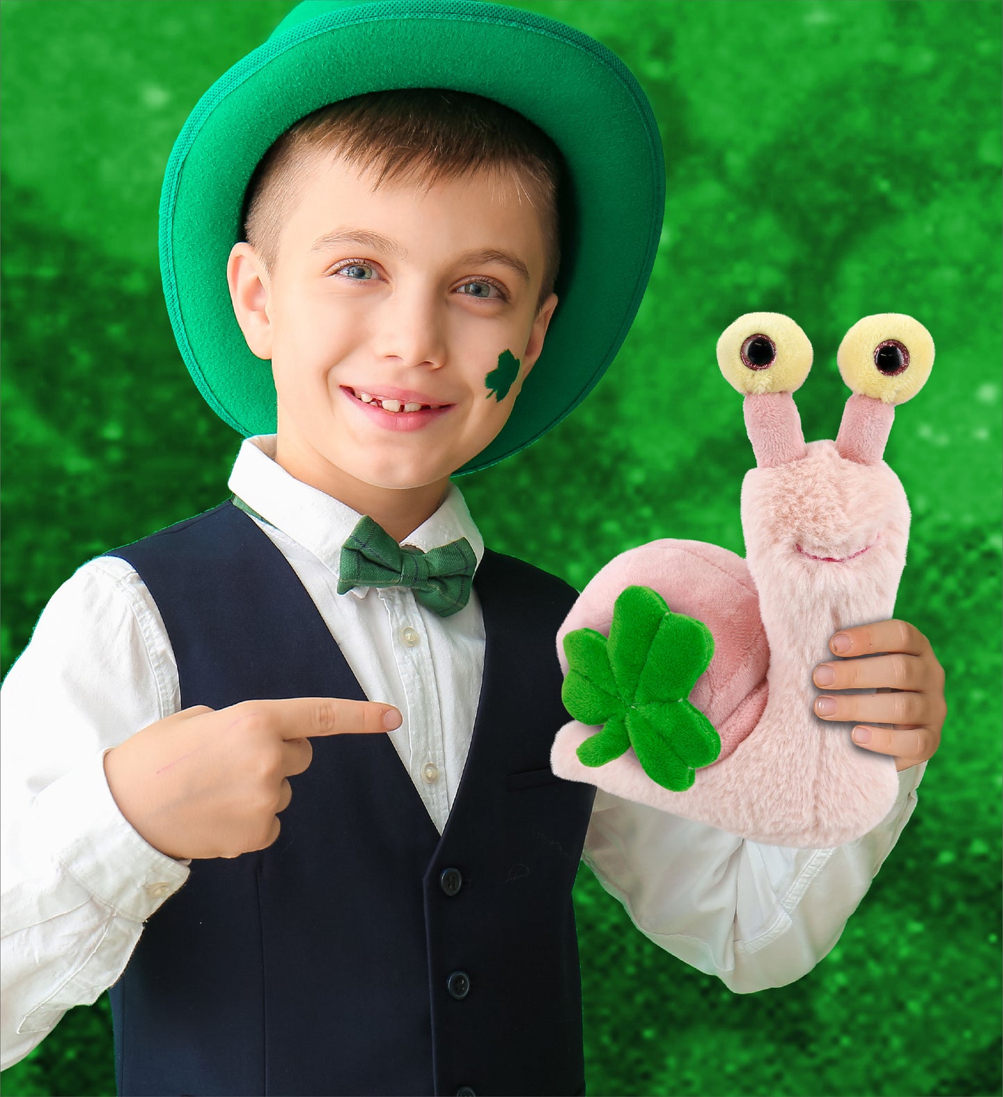 DolliBu Soft Pink Snail Stuffed Animal with Green Plush Shamrock - 5.5 Inches