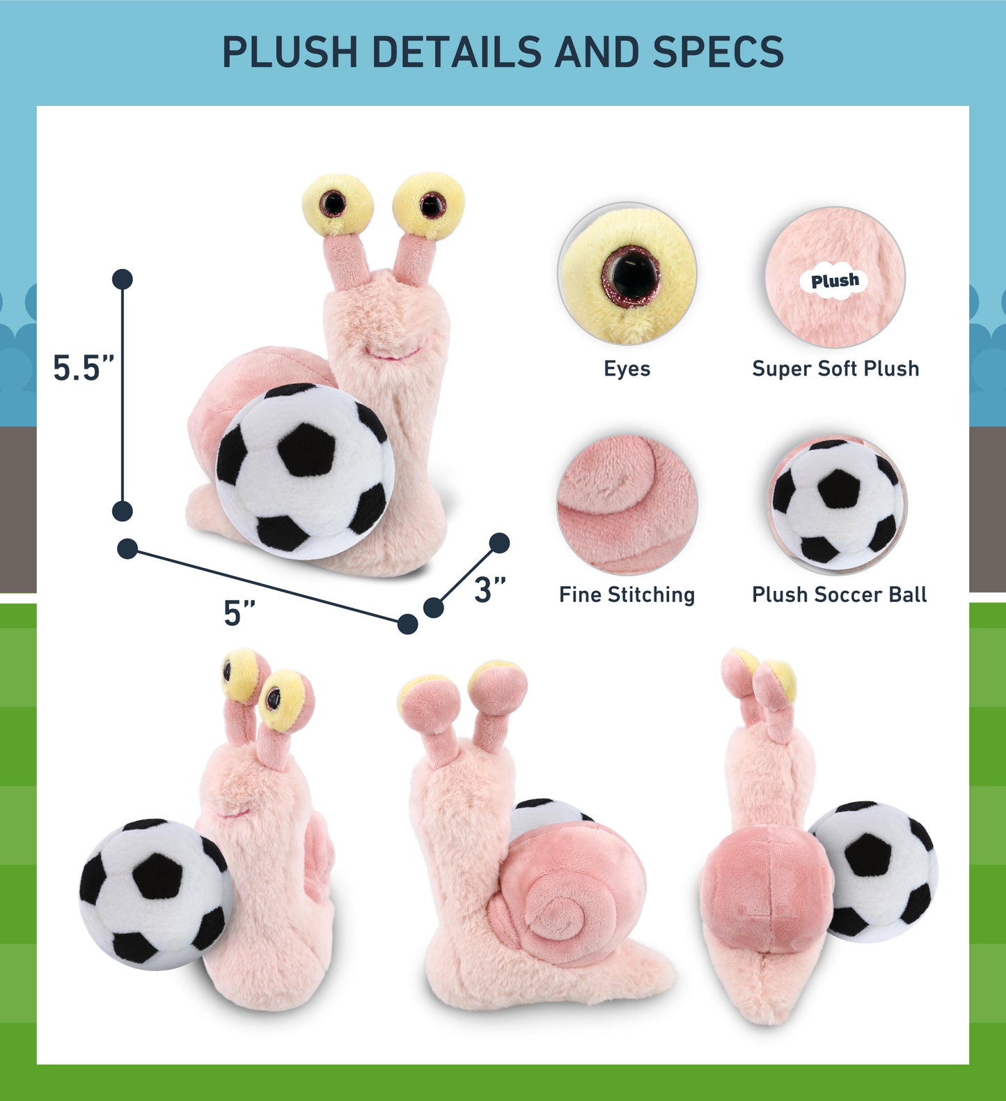 SUPER-SOFT PLUSH - PINK SNAIL SMALL 5.5" WITH SOCCER PLUSH