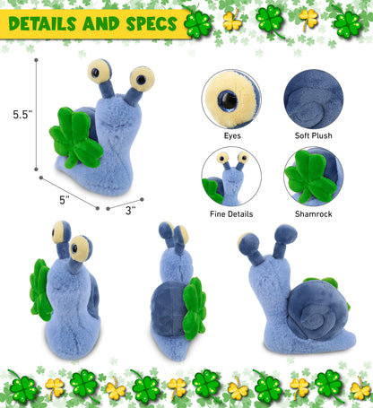 DolliBu Soft Blue Snail Stuffed Animal with Green Plush Shamrock - 5.5 Inches