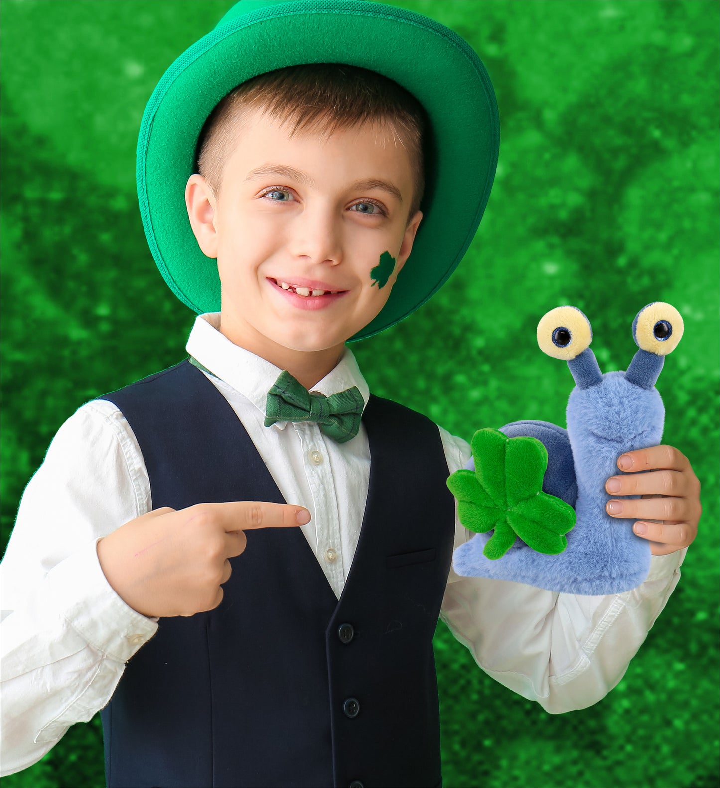 DolliBu Soft Blue Snail Stuffed Animal with Green Plush Shamrock - 5.5 Inches