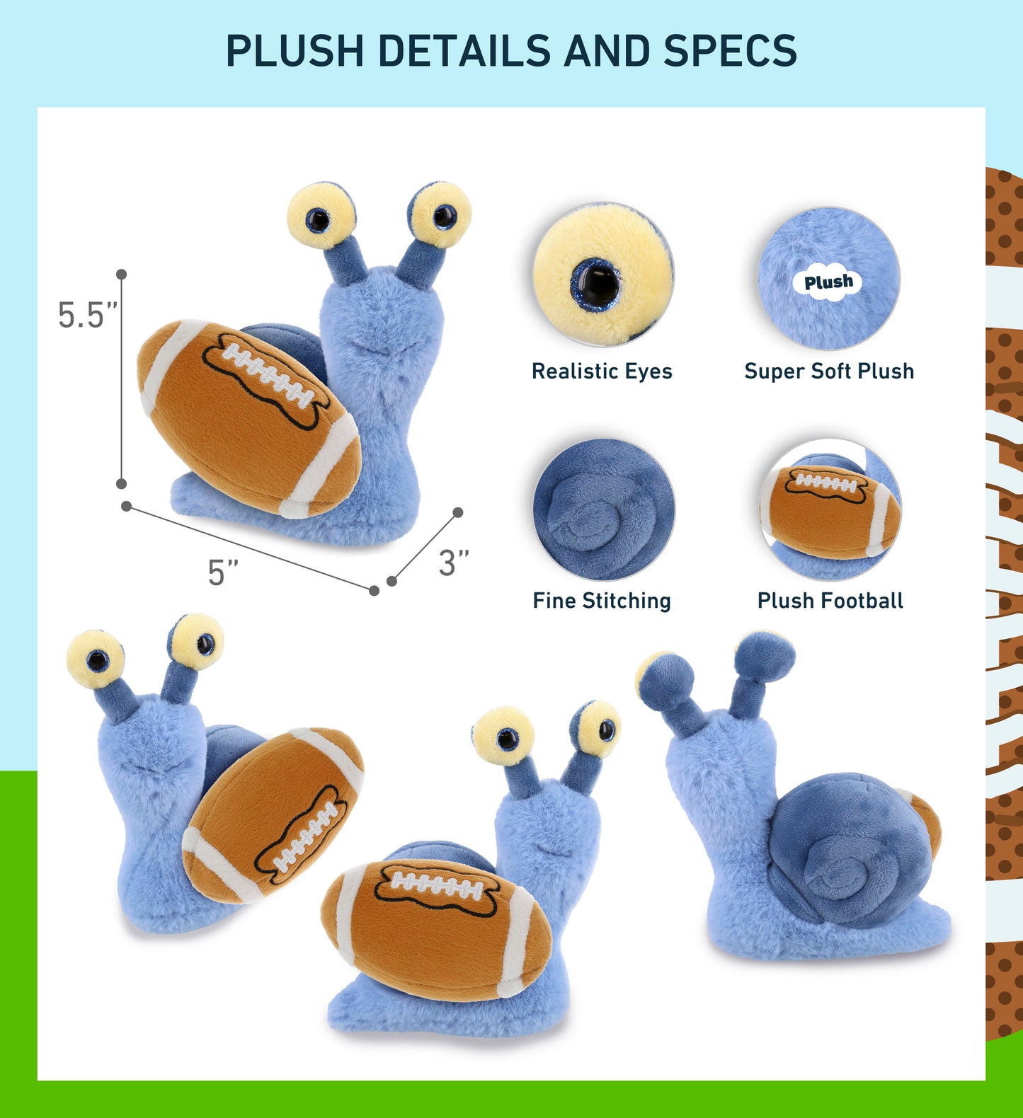 SUPER-SOFT PLUSH - BLUE SNAIL SMALL 5.5" WITH FOOTBALL PLUSH