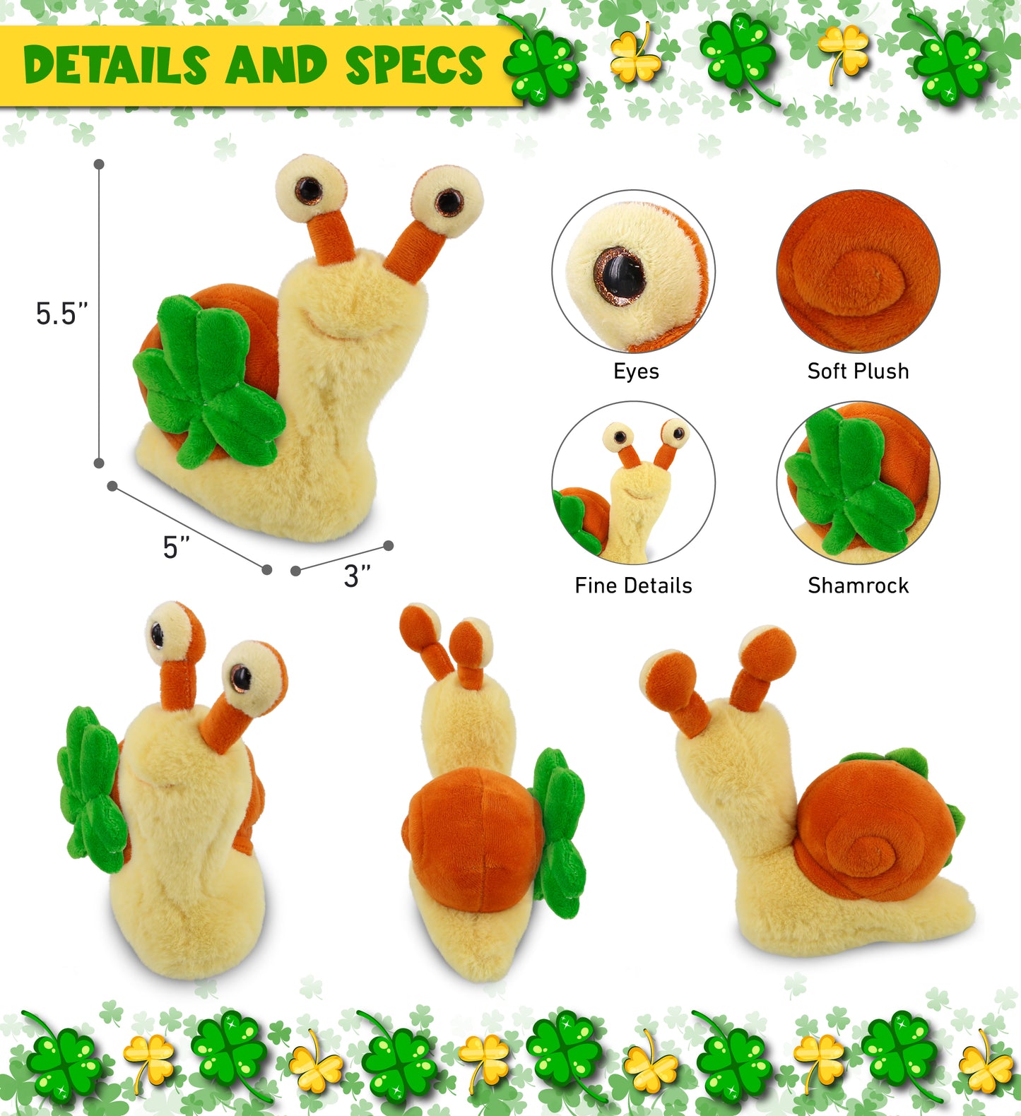 DolliBu Soft Orange Snail Stuffed Animal with Green Plush Shamrock - 5.5 Inches
