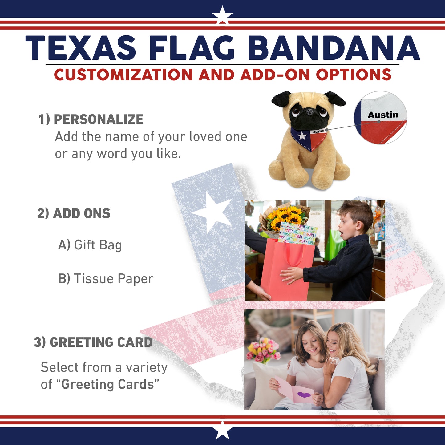 PLUSH - PUG DOG 10" WITH TEXAS FLAG BANDANA