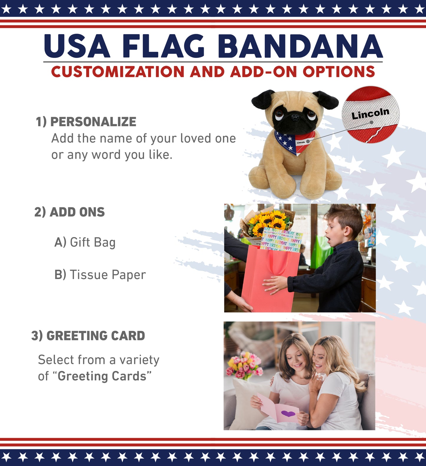 PLUSH - PUG DOG 10" WITH USA FLAG BANDANA