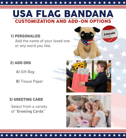 PLUSH - PUG DOG 10" WITH USA FLAG BANDANA
