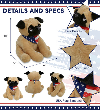 PLUSH - PUG DOG 10" WITH USA FLAG BANDANA