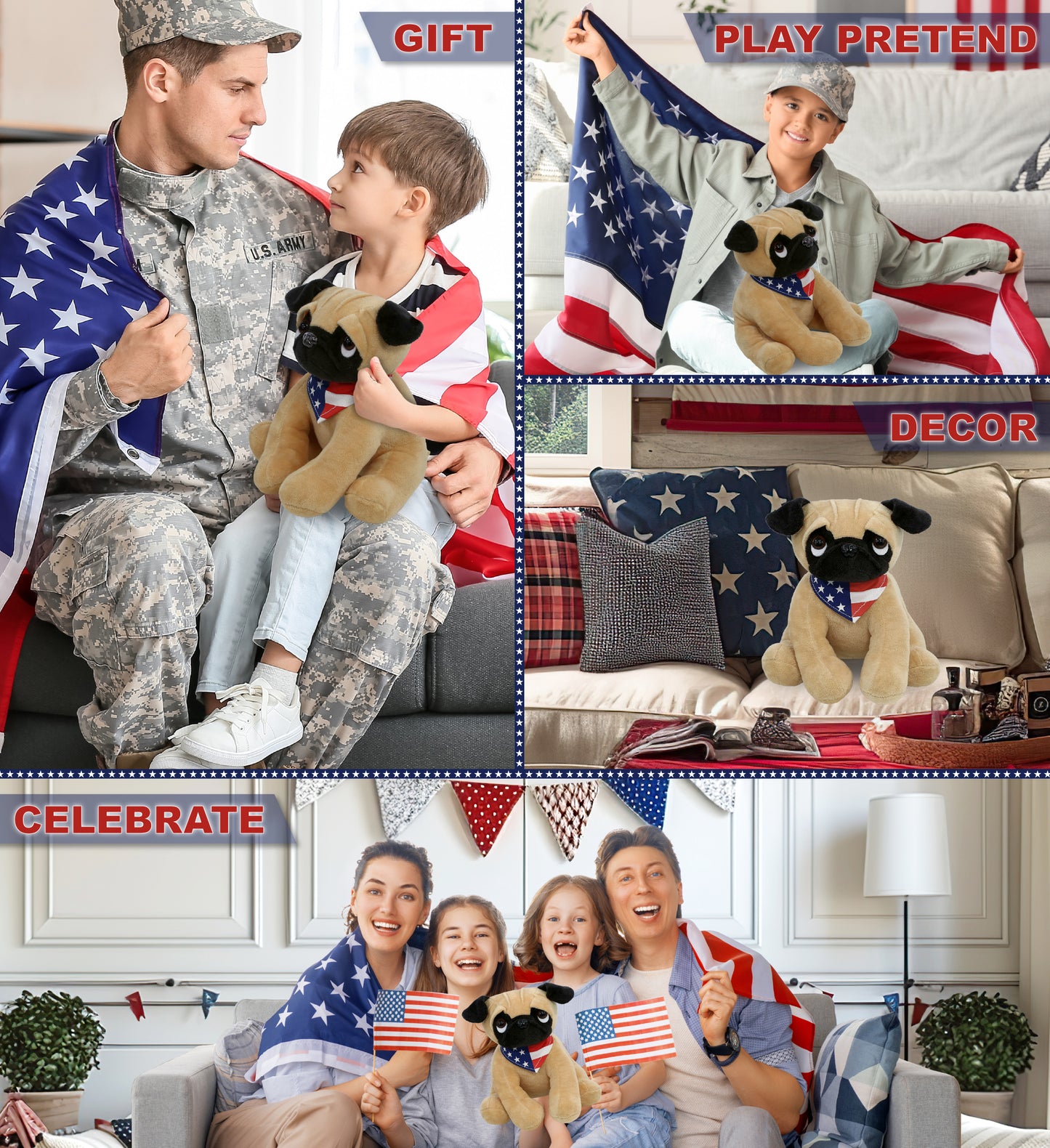 PLUSH - PUG DOG 10" WITH USA FLAG BANDANA