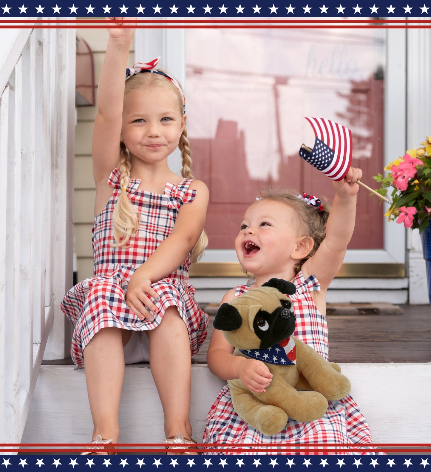 PLUSH - PUG DOG 10" WITH USA FLAG BANDANA