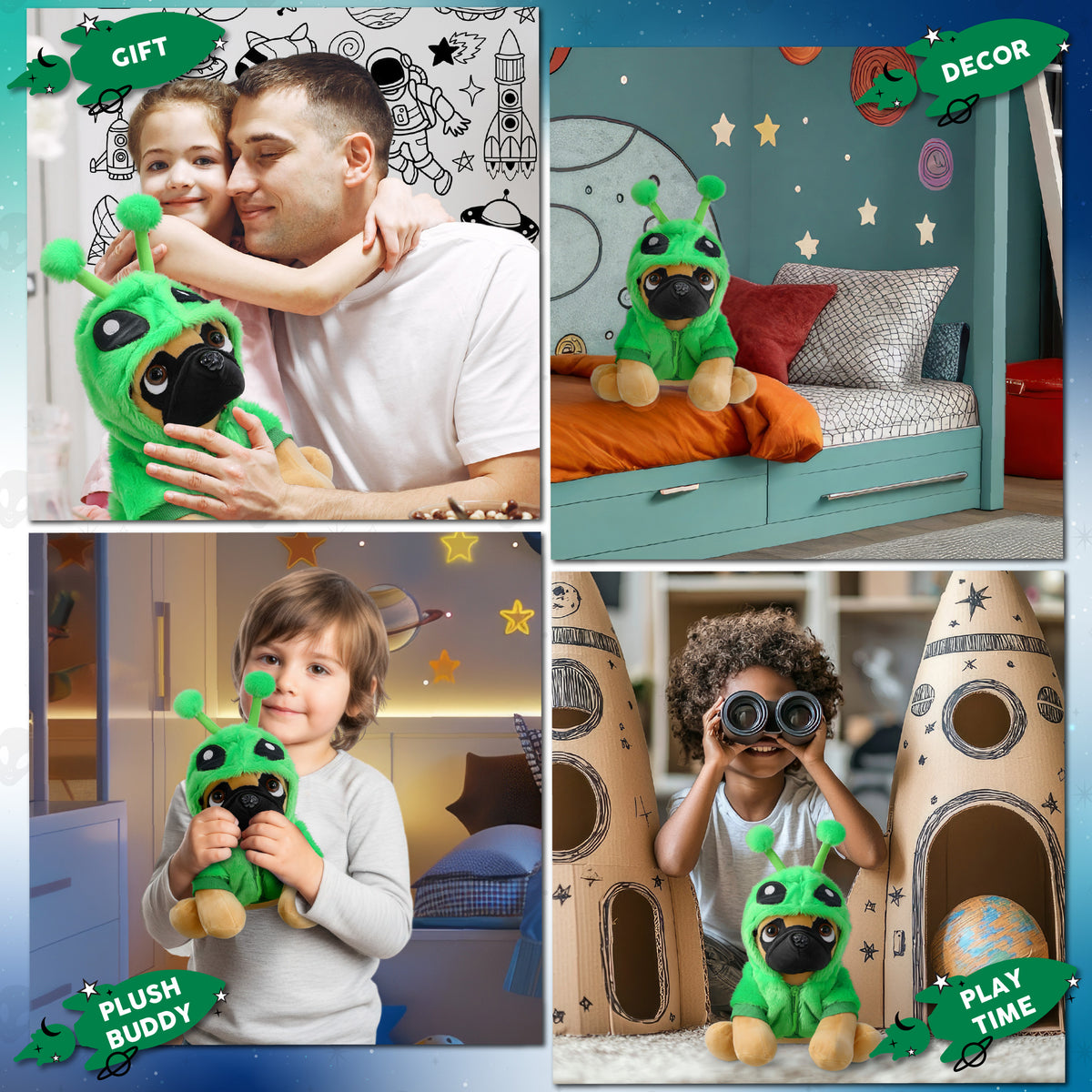 PLUSH - PUG DOG 10" WITH ALIEN SWEATER