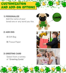 DolliBu Big-Eyed Pug Dog Stuffed Animal with Green Plush Shamrock - 10 Inches