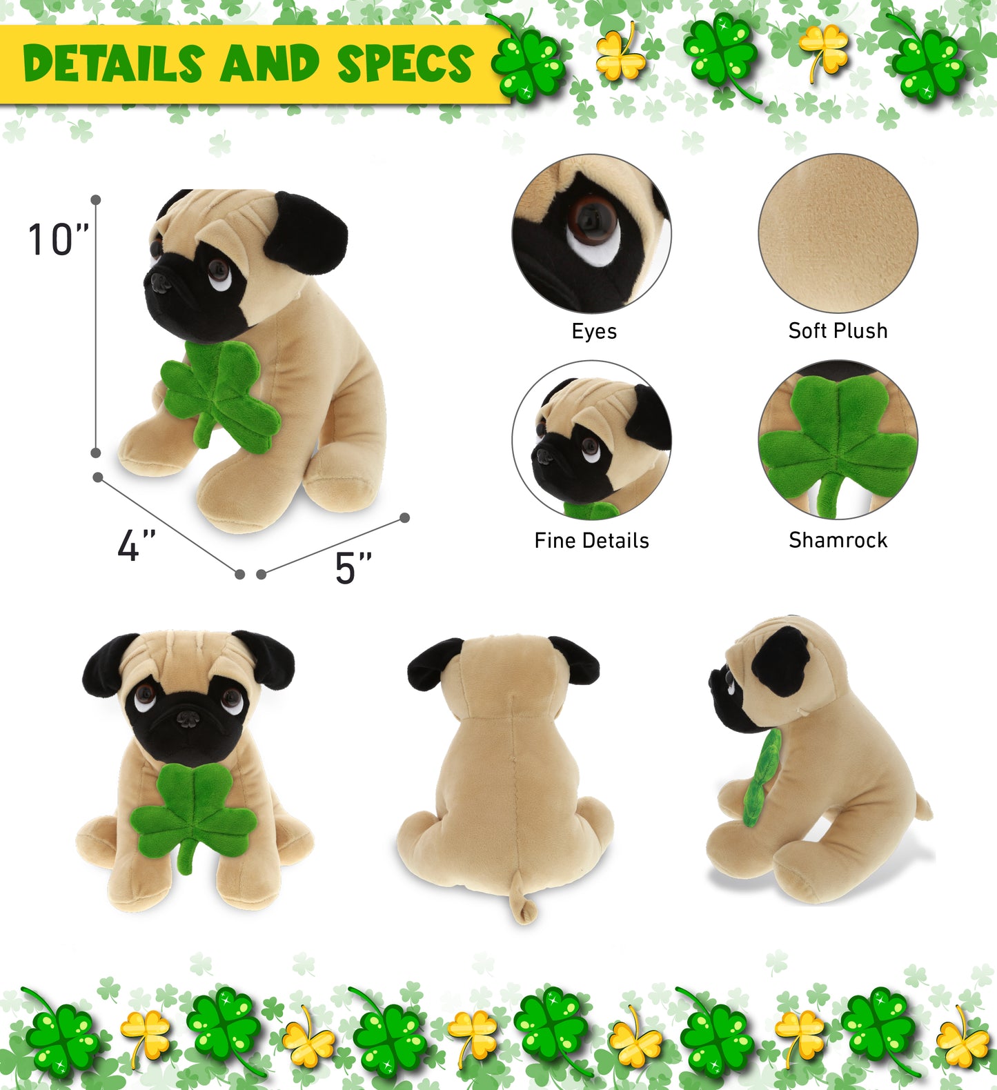 DolliBu Big-Eyed Pug Dog Stuffed Animal with Green Plush Shamrock - 10 Inches
