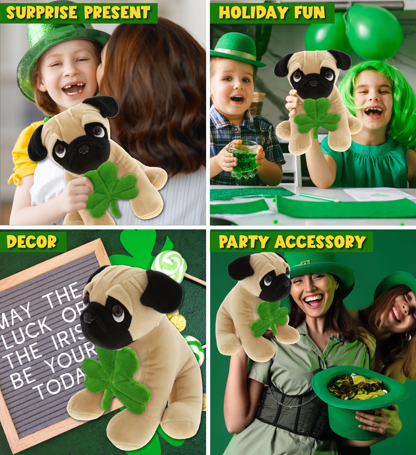 DolliBu Big-Eyed Pug Dog Stuffed Animal with Green Plush Shamrock - 10 Inches