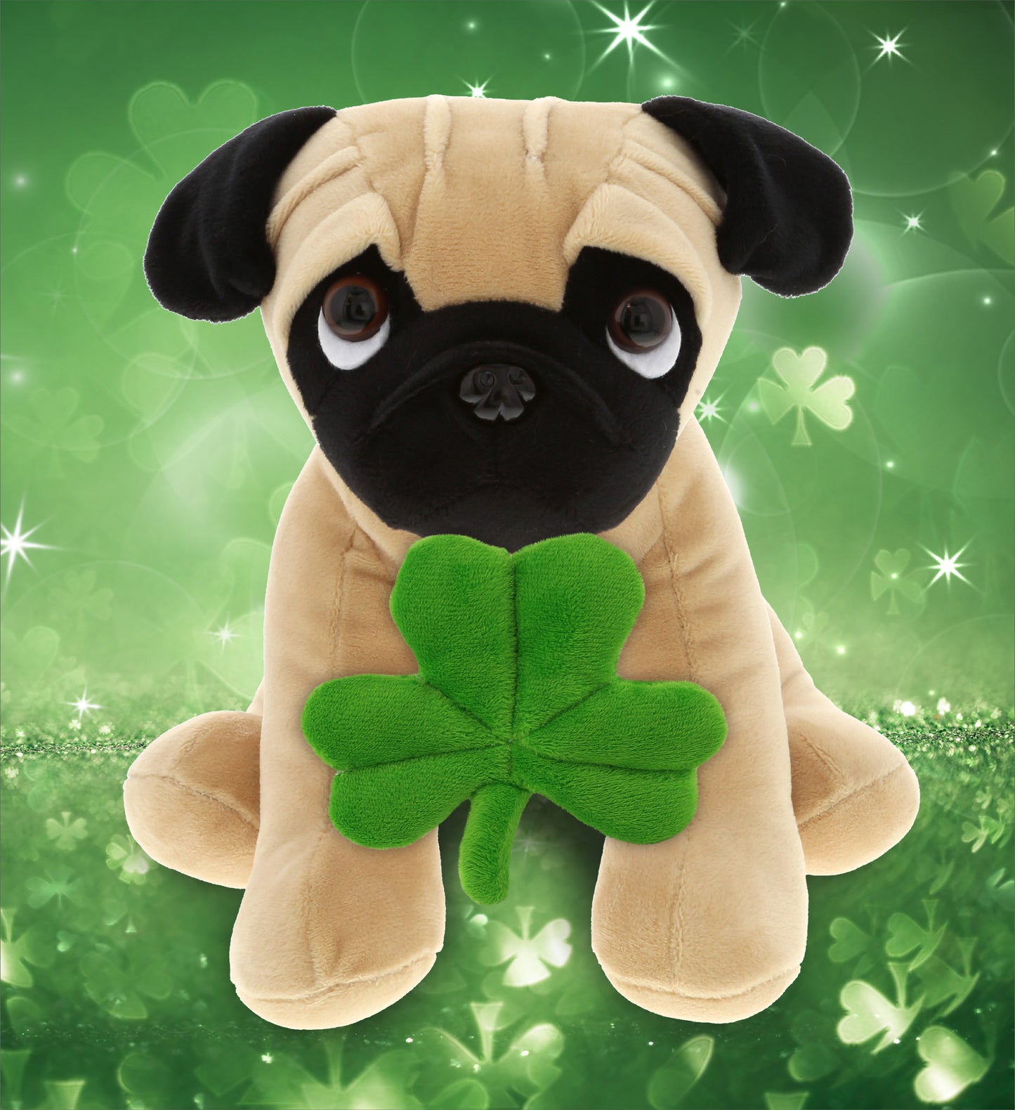 DolliBu Big-Eyed Pug Dog Stuffed Animal with Green Plush Shamrock - 10 Inches
