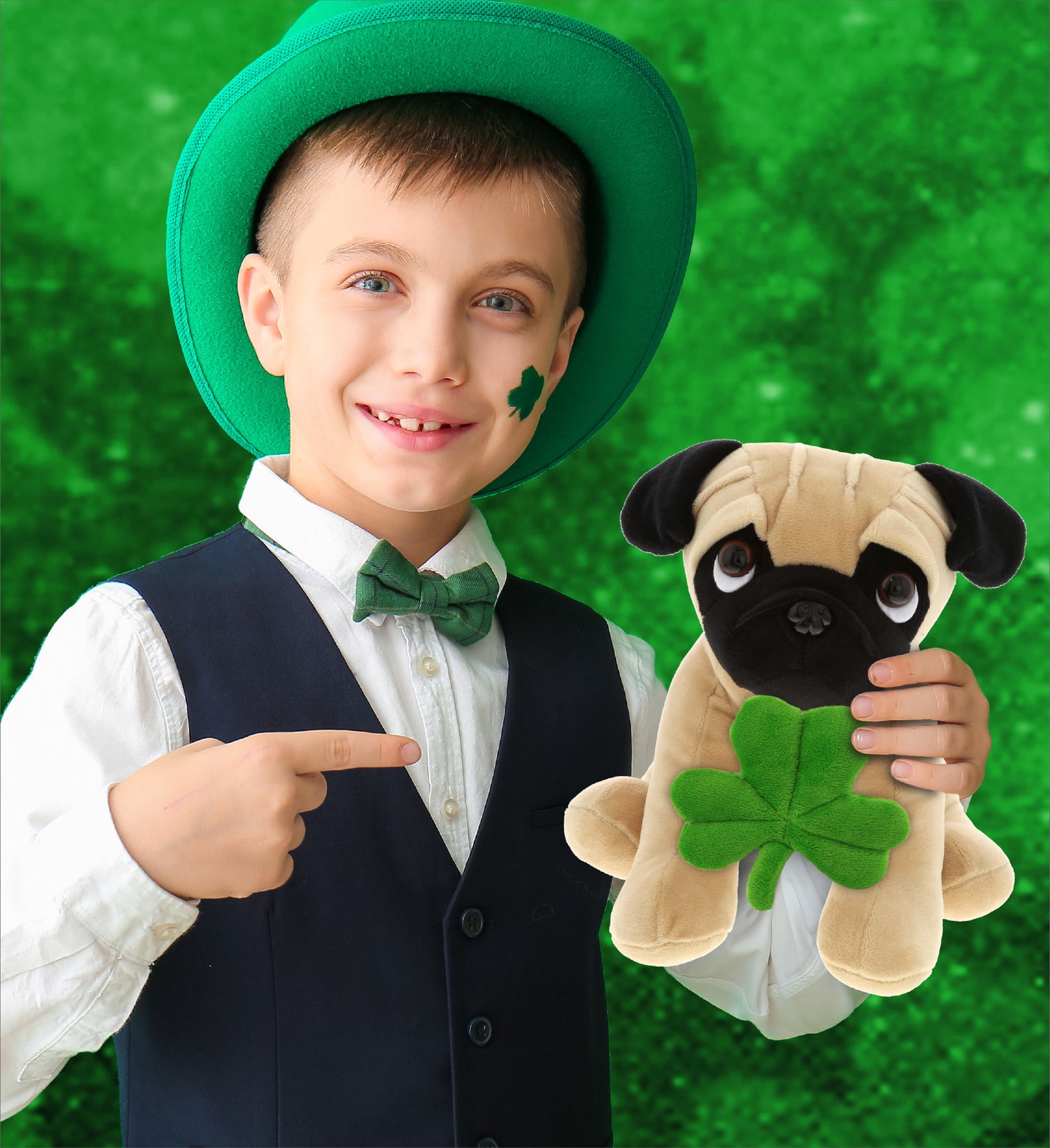 DolliBu Big-Eyed Pug Dog Stuffed Animal with Green Plush Shamrock - 10 Inches