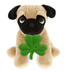 DolliBu Big-Eyed Pug Dog Stuffed Animal with Green Plush Shamrock - 10 Inches