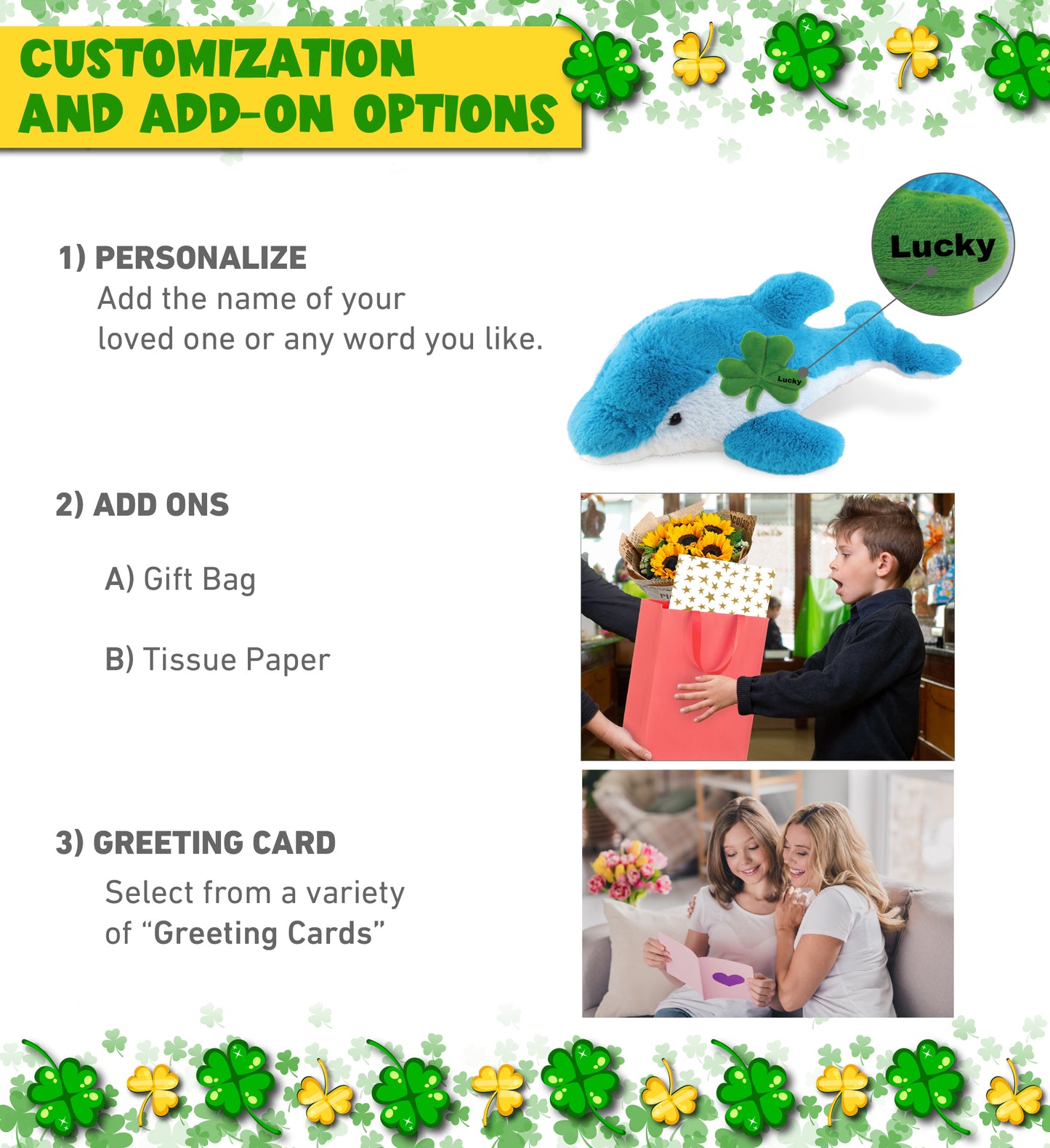 DolliBu Blue Dolphin Stuffed Animal with Green Plush Shamrock - 18 Inches