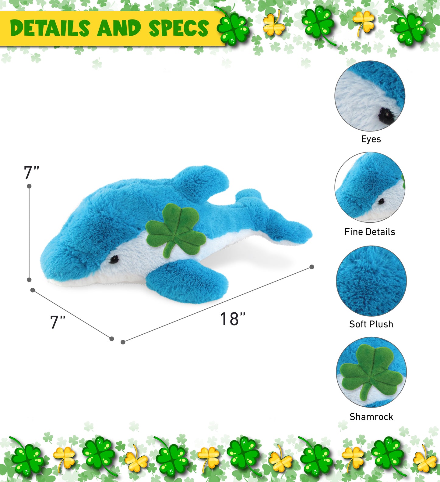 DolliBu Blue Dolphin Stuffed Animal with Green Plush Shamrock - 18 Inches