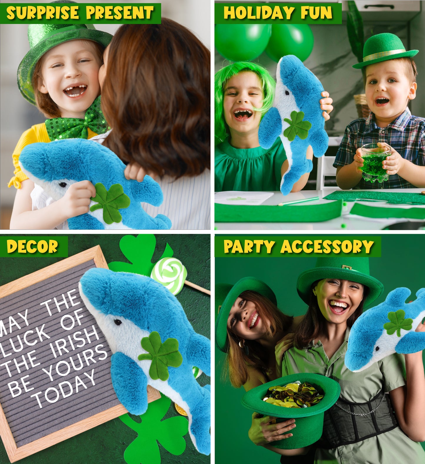 DolliBu Blue Dolphin Stuffed Animal with Green Plush Shamrock - 18 Inches
