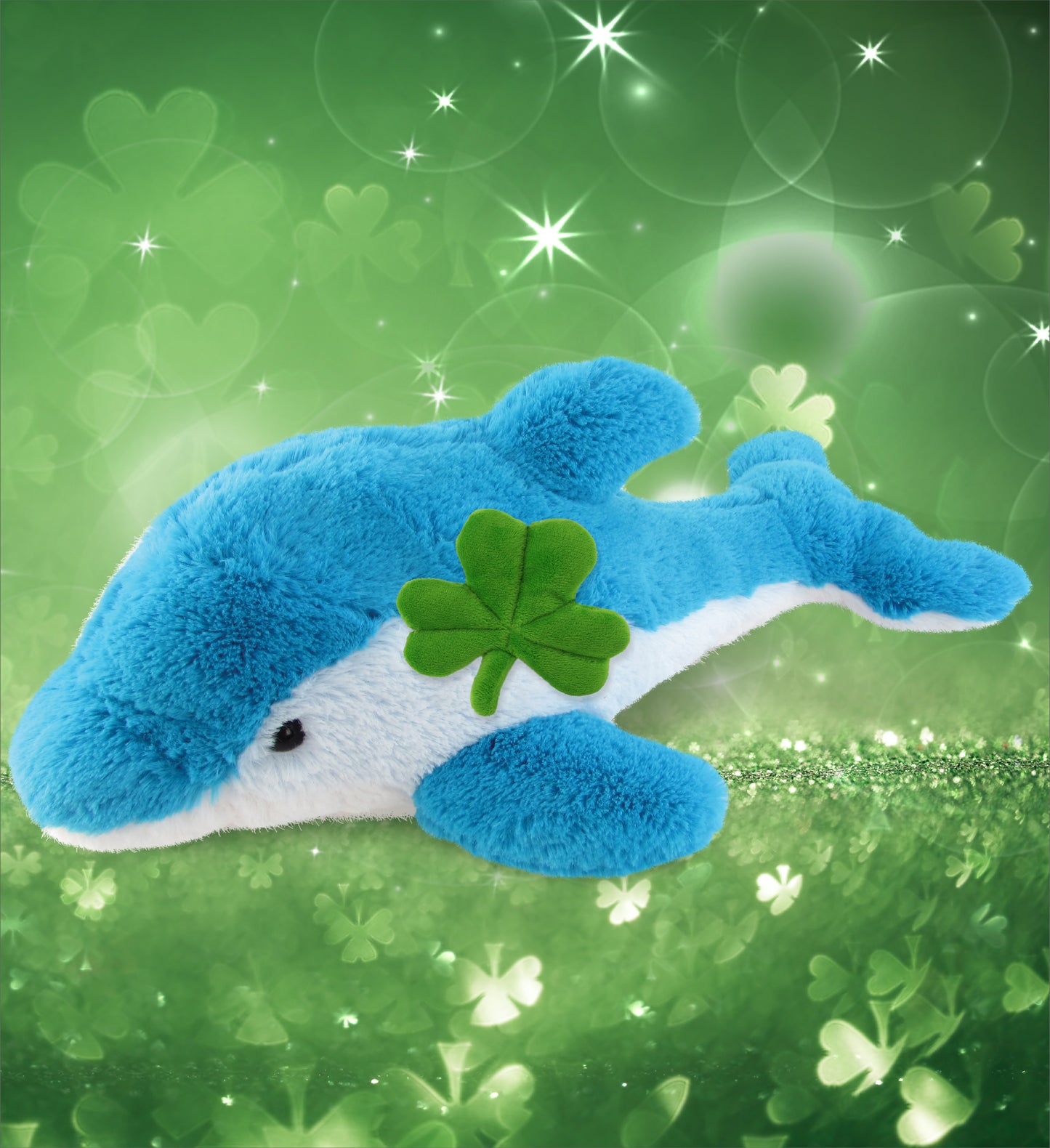 DolliBu Blue Dolphin Stuffed Animal with Green Plush Shamrock - 18 Inches