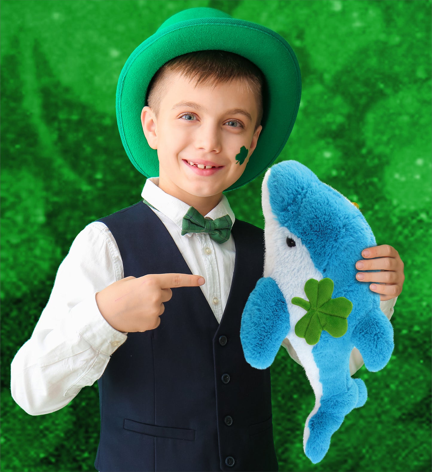 DolliBu Blue Dolphin Stuffed Animal with Green Plush Shamrock - 18 Inches
