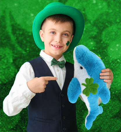 DolliBu Blue Dolphin Stuffed Animal with Green Plush Shamrock - 18 Inches