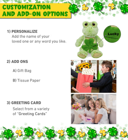 DolliBu Cute Sitting Frog Stuffed Animal with Green Plush Shamrock - 9 Inches