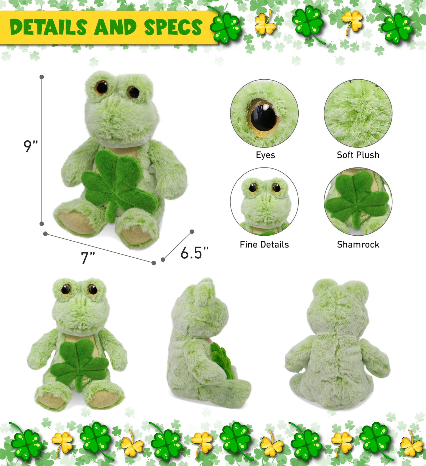 DolliBu Cute Sitting Frog Stuffed Animal with Green Plush Shamrock - 9 Inches