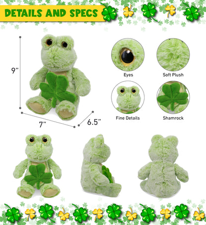 DolliBu Cute Sitting Frog Stuffed Animal with Green Plush Shamrock - 9 Inches