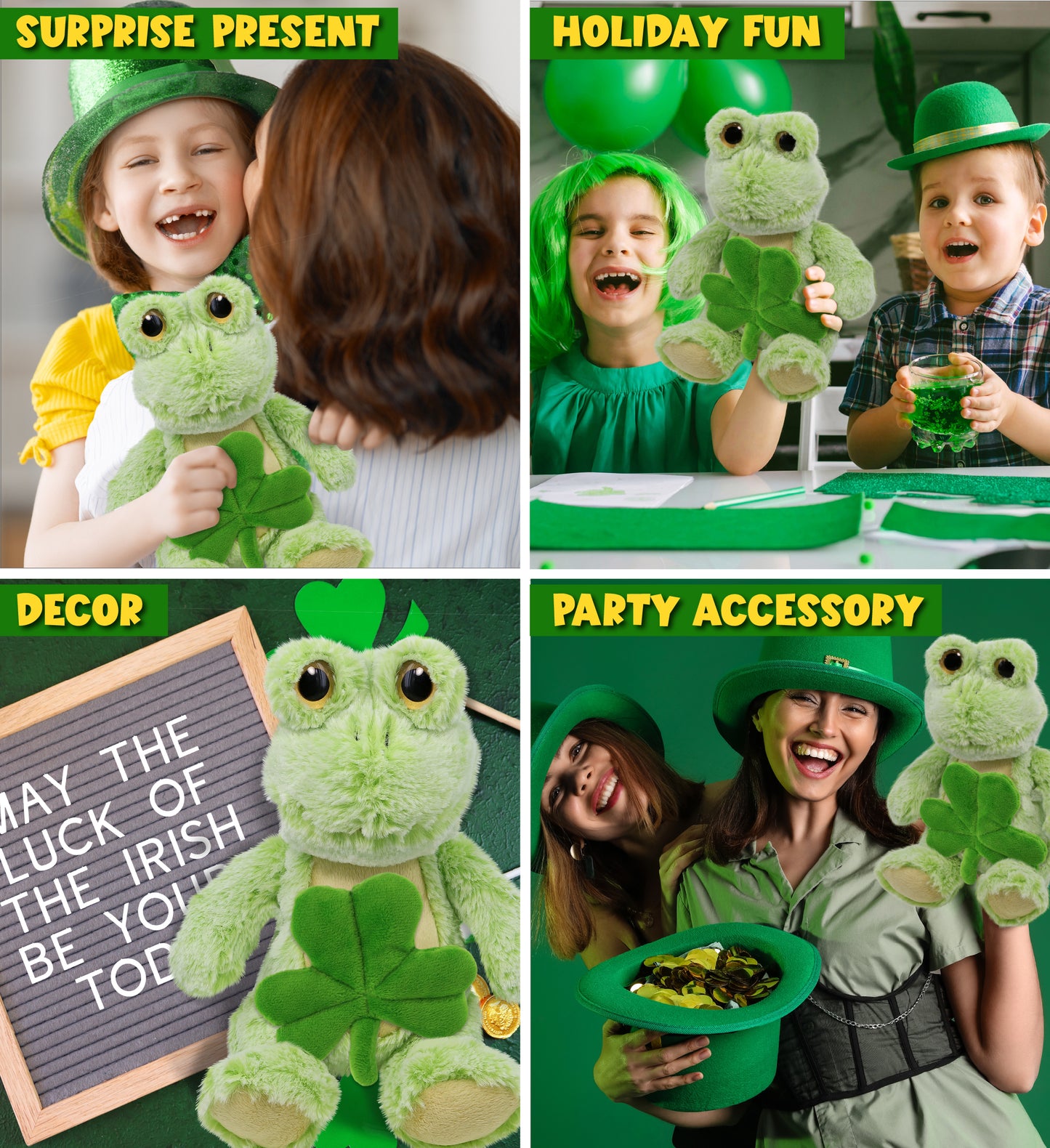 DolliBu Cute Sitting Frog Stuffed Animal with Green Plush Shamrock - 9 Inches